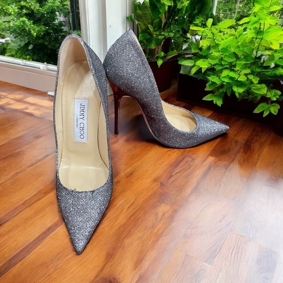 JIMMY CHOO Abel 100mm Pumps in Anthracite Silver Glitter Metallic 34.5 - Picture 12 of 13